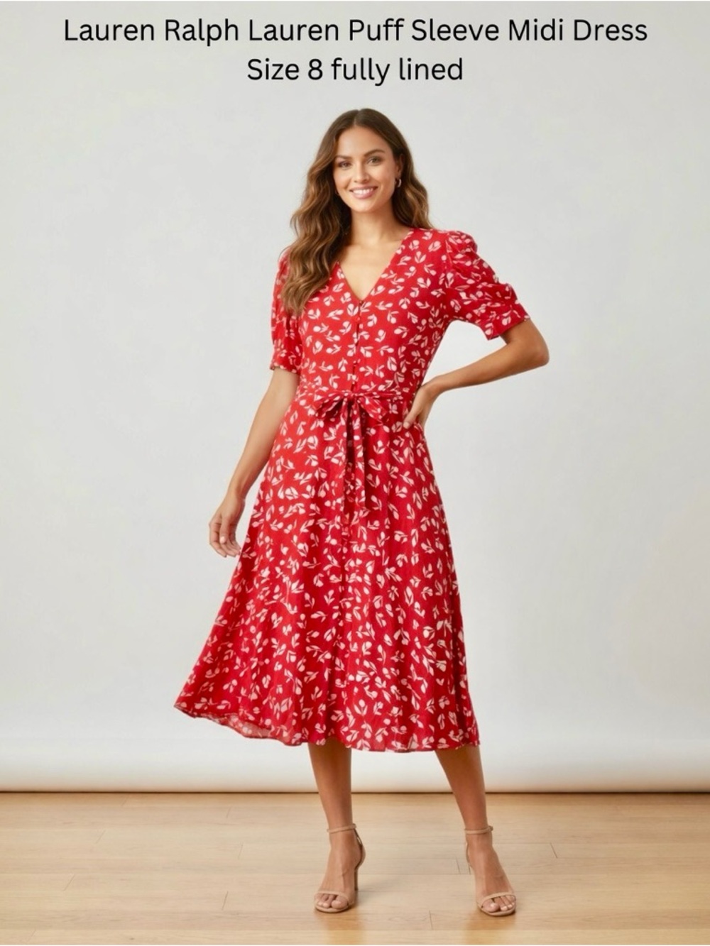Lauren Ralph Lauren Red Floral Puff Sleeve Midi Dress Size 8 fully lined
